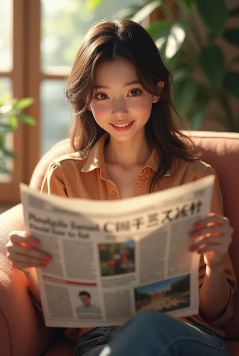 Imagine a beautiful and delicate 20-year-old girl sitting on a sofa reading an excited newspaper, smiling happily, very surprised, happy. 