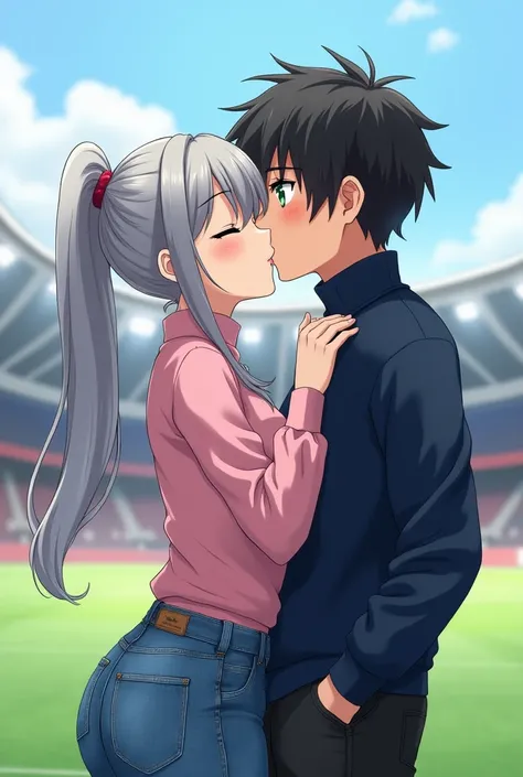  girl with straight silver hair tied in a high ponytail , pale green eyes squinted , pale skin, curled eyelashes ,  with a high-neck blouse in pink ,  denim jeans and pink lips giving a kiss on the cheek to a boy with medium-length black hair up to his sho...