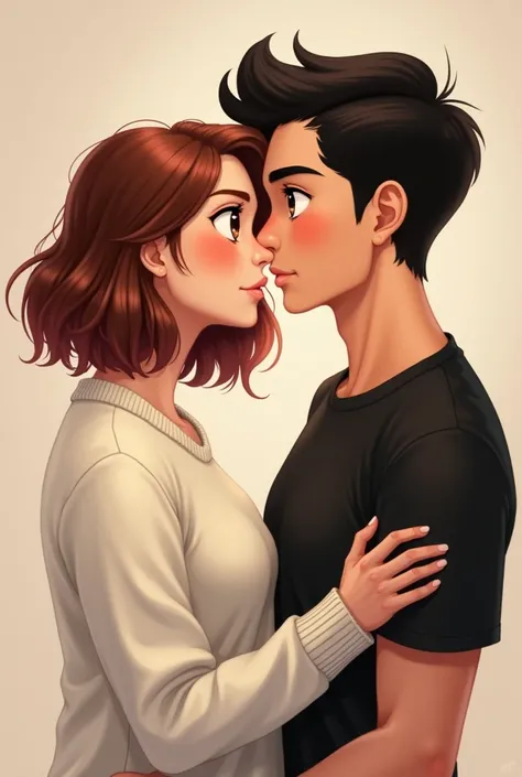 a couple in love,  the woman with short bob hair , color brown with red ,  dressed in a white sweater and the man with black hair dressed in a black t-shirt, Human people whose faces are seen from the front 