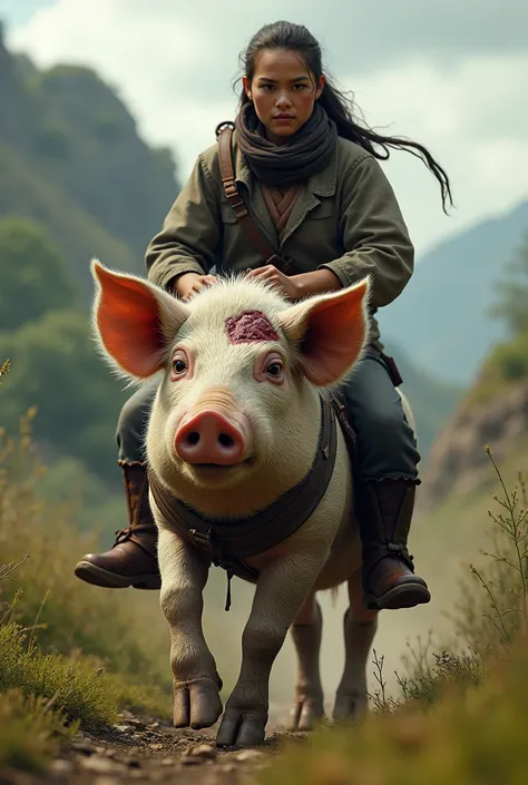 Make a realistic image of a  riding a pig and that the  has a wound on the part of the head 