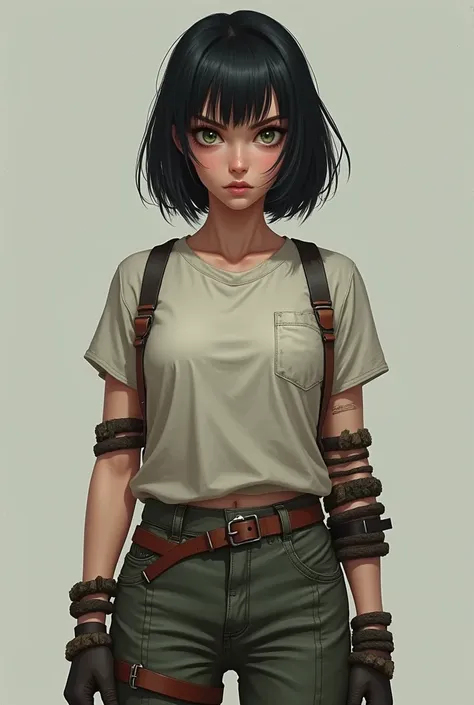  female character , Serious,  green eyes, loose black hair, hair length above shoulder ,  casual clothing reinforced with household items
