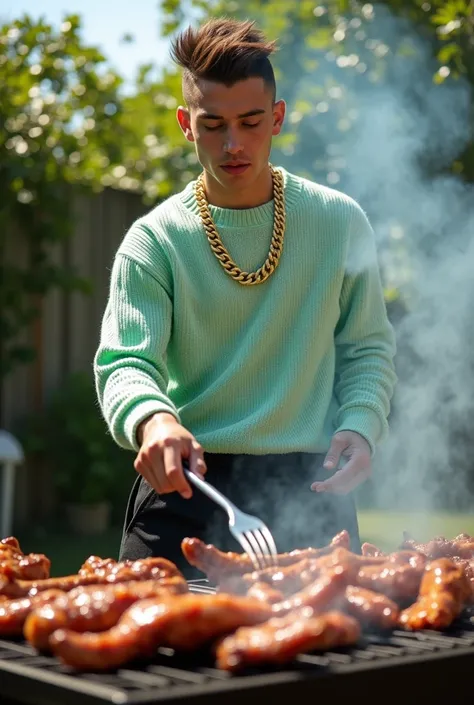 "A 20-year-old Italian young man, with brown hair and an undercut pompadour hairstyle, no tattoos and fair skin, is cooking a grill outdoors in a barbecue area, surrounded by a relaxed but energetic atmosphere. He sports a Lil Peep-inspired style, with shi...