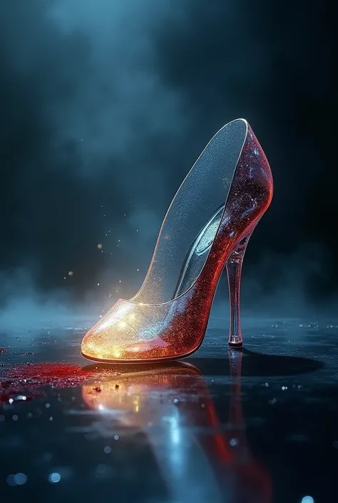 A glass slipper split down the middle, one half glowing with magical light and surrounded by sparkles, the other half cracked and dark, with shadows and blood stains.