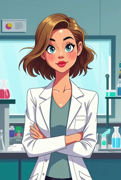 Cartoon of woman in white pharmaceutical coat and brown hair with long blond balayage 