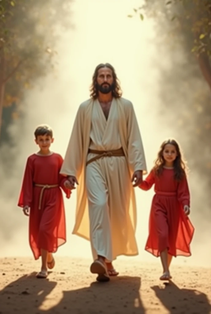 A full composite photo  ,  Bottom view,  of Jesus with two ren holding hands with him,  in white and red clothes ,  everyone smiling and walking  