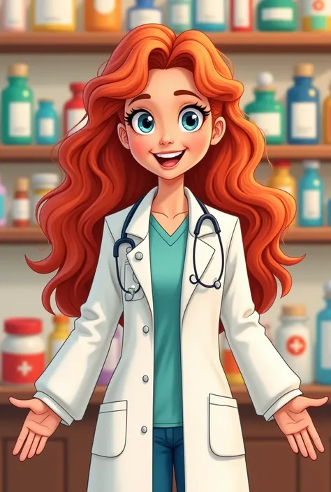 Cartoon of a woman in a white pharmacist coat and long curly red hair