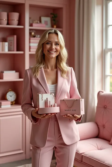 A 40 year old Disney woman in 3D with photo quality, medium blonde hair, light brown eyes, standing in her pink office, holding Mary Kay bags and products, happy