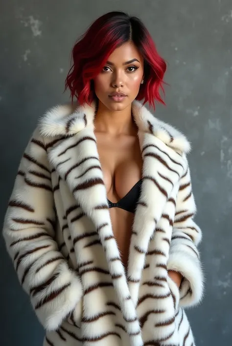 High resolution photograph of a Beautiful sexy latina woman, perfect body,  amazing tits, studio lighting photo realistic wearing a beautiful white tiger skin pattern coat  grey textured background, short hair with red highlights in her hair 