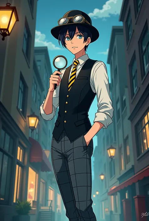 Create an image of an anime character solving a murder mystery: 18 years old Tall 183cm fair skinned young man with chin-length black hair and two asymmetrical locks that frame his face. He has sky blue eyes. He has captivating facial features and He’s ext...