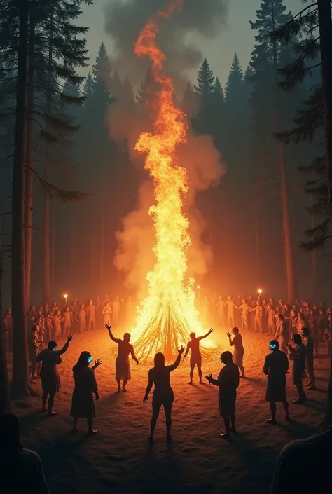  A dance circle around a large bonfire, with demons , , Zombies,  masked and dark figures .  A mysterious dance .  In the dark forest . 