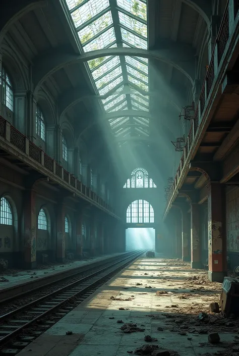 The interior of an abandoned train station 
