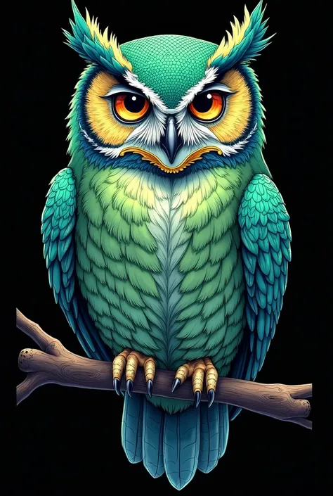  illustration of a detailed hatched owl , complexe et colorée.  The predominant colors are shades of green, with notes of blue and white .  The work is placed on a black background , soulignant son dynamisme et sa complexité.