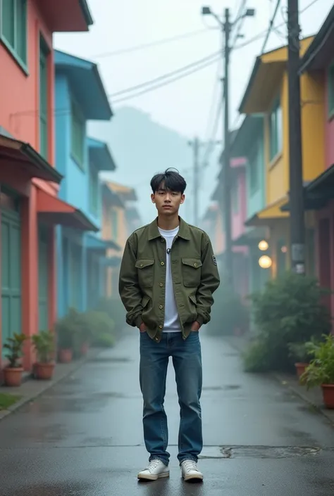  Prompt

Showing Poto landscape realism A handsome 19-year-old Korean man is standing in the path of an alley with

row of colorful houses, the man is wearing an army jacketjeans original Adidas shoes ,In the morning it was overcast, there was a haze of sm...