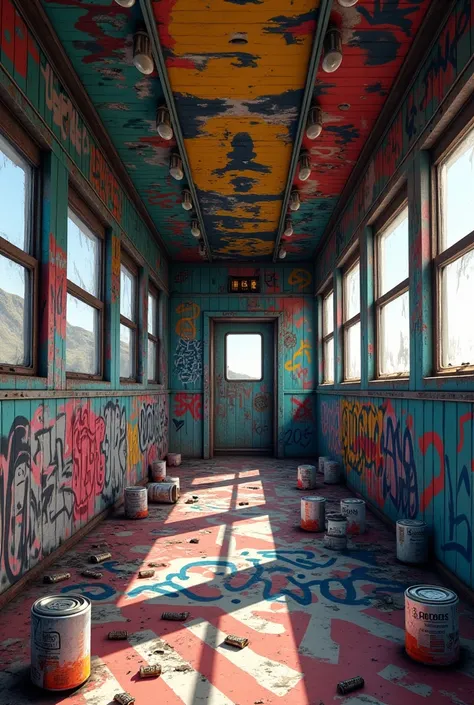 The interior of an abandoned train, with paint cans and graffiti 
