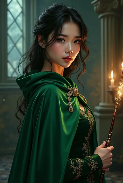 Jooyeon from Xdinary Heroes wearing a slytherin cape with a wand in her hand