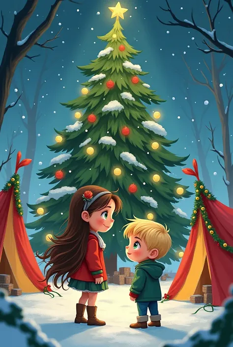  Create an image that is a Christmas book cover with a huge Christmas tree in the background and Christmas tents and a girl with brown hair and green eyes looking at a blond boy with blue eyes,  illustration style , with a measurement of 9 :16 