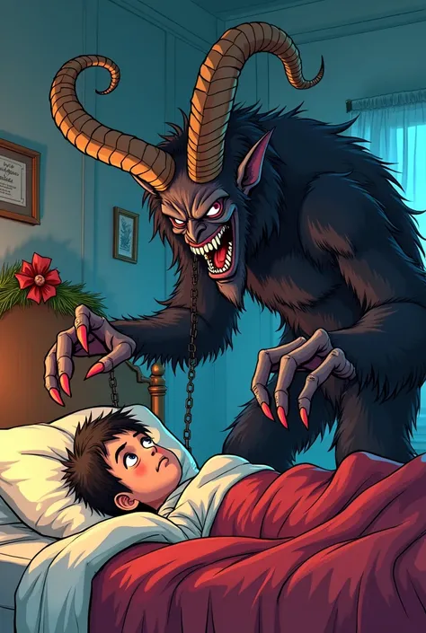 cartoon krampus capturing a from his bed