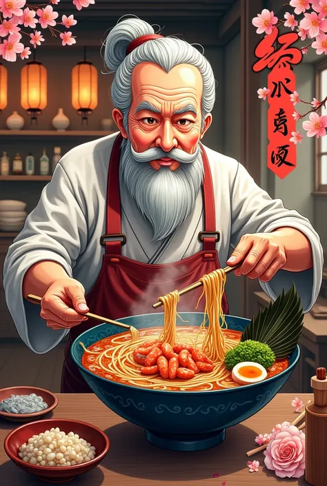 Create an poster and logo of japanese restaurant that sells sea food ramen