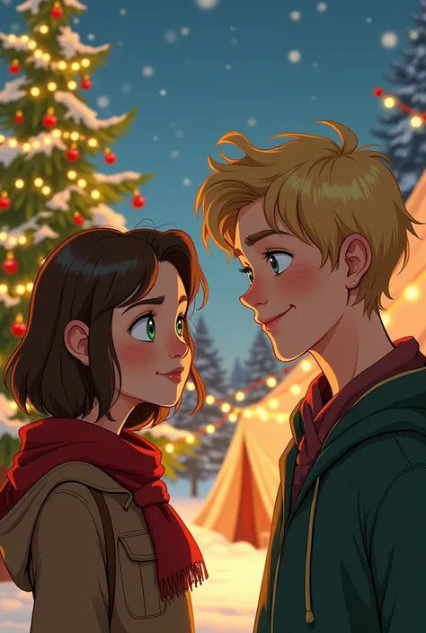 Create an image that is a Christmas book cover with a huge Christmas tree in the background and Christmas tents and a girl with brown hair and green eyes looking down on a blue-eyed blond boy who looks at her with a mocking smile,  illustration style , wit...