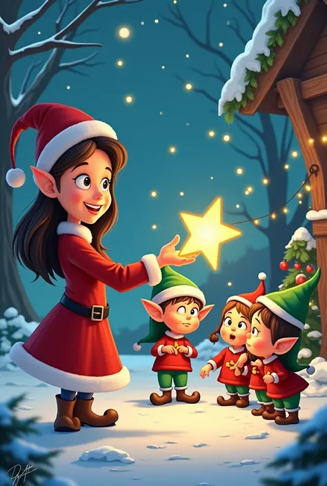 CARTOON OF TEACHER ESTRELLA GIVING THEM A CLUE TO THE CHRISTMAS ELVES TO FIND THE PIECES OF THE MAGIC TRAIN, Form a circle and pass the star 