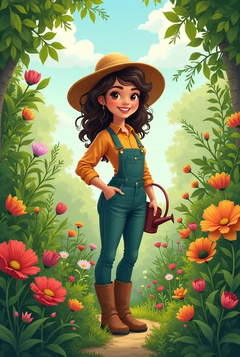 Create a figure of a female gardener with lots of plants and gardening tools