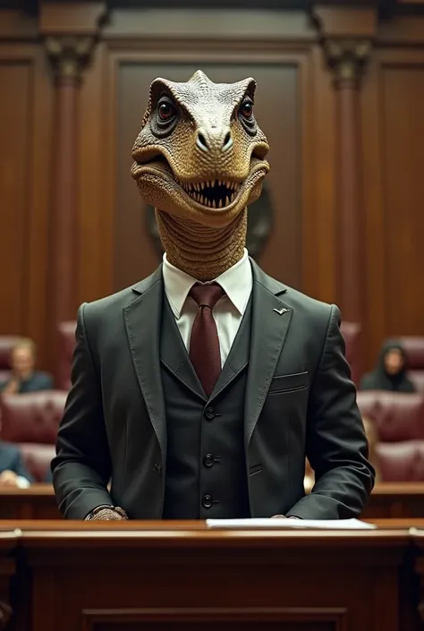 Dinosaur dressed as a lawyer in a court