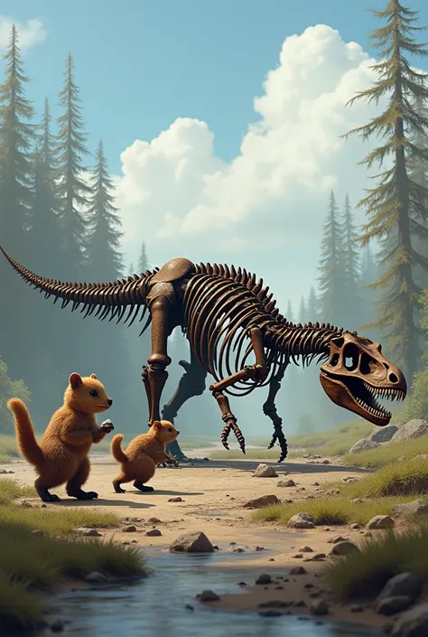  Two small mammals exploring a large Tyrannosaurus Rex skeleton lying on the ground, clear sky, , destroyed trees and a river 