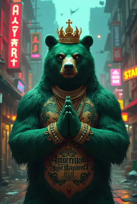 Green bear wearing crown, wearing jewelry, hands together in prayer, tattoos, in ghetto neon city, Amerikaz Most Wanted as tattoo on chest