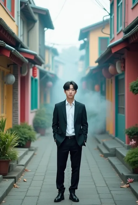  Prompt

Showing Poto landscape realism A handsome 19-year-old Korean man is standing in the path of an alley with

row of colorful houses, the man was wearing a white shirt and a black suit jacket pants black material pentopel shoes,In the morning it was ...