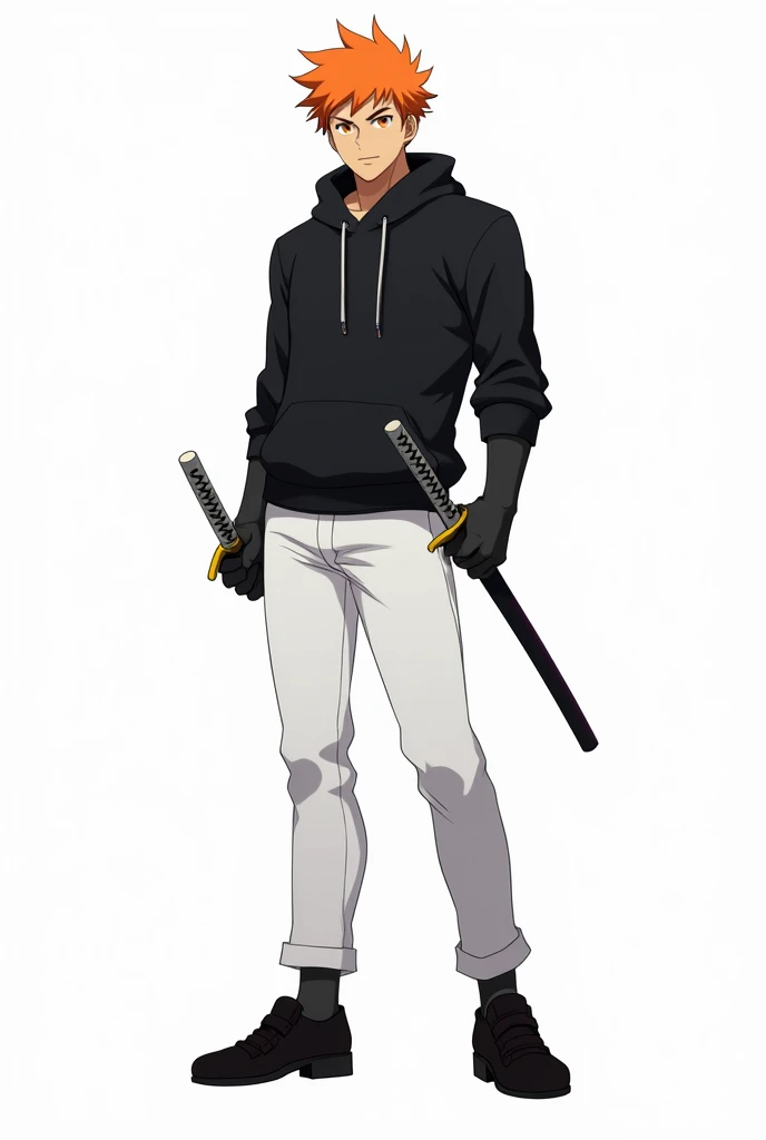 Create an anime character: man with orange hair, orange eyes and black sweatshirt and white pants and black shoe with two katanas and white background 