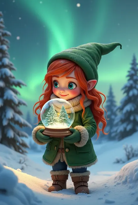  gnome girl with snow globe in her hands,  snow-covered landscape , Nordliçhter ,  red hair,  the girl looks at the snow globe . gloves and jacket are green 