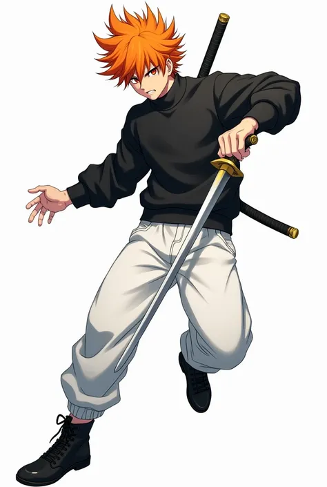 Create an anime character, a man with orange hair, orange eyes and a black sweatshirt and white pants and a black shoe with a katana and a white background 