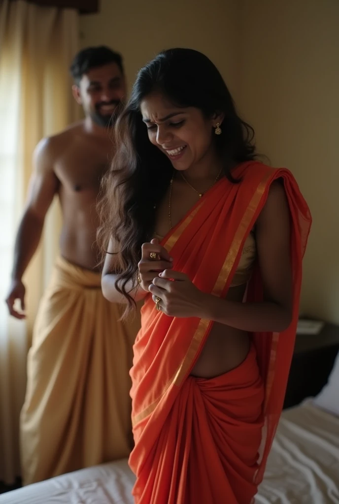 An Indian very small girl remove her saree showing her thighs and ass, busty breasts look in the bedroom, bends over bed and is crying loudly and her drunken husband without cloths is standing behind her, pushing her hard and laughing background blur