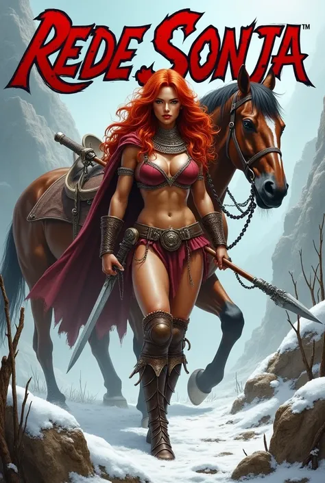 The image is the cover of a magazine titled “REDE SONJA”.
A powerful hyperrealistic female warrior, Red Sonja, with flaming red hair, is depicted in a dynamic pose. She is armed with a spear and a sword, positioned mid-stride, moving from left to center, l...