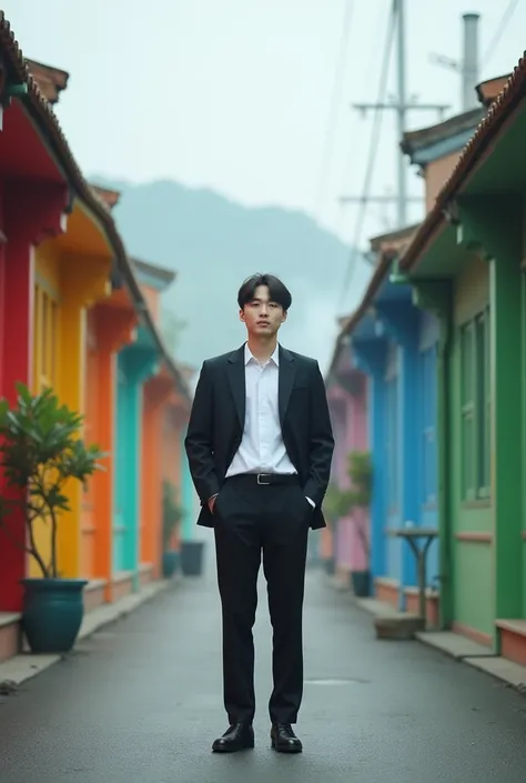  Prompt

Showing Poto landscape realism A handsome 19-year-old Korean man is standing in the path of an alley with

row of colorful houses, the man was wearing a white shirt and a black suit jacket pants black material pentopel shoes,In the morning it was ...