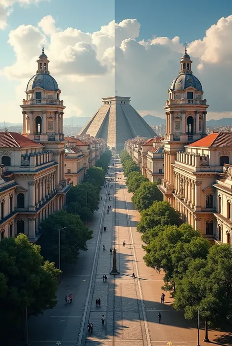 
On the vertically divided screen, on the right side, the center of Madrid is shown, accentuating its architecture. On the left side, the same photograph is shown, with the same buildings, but in a hypothetical reality, where the influence of Mayan archite...