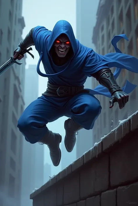 Talon from League of Legends jumping a wall with eyes glowing red with a dagger in his hand wearing blue clothes smiling  