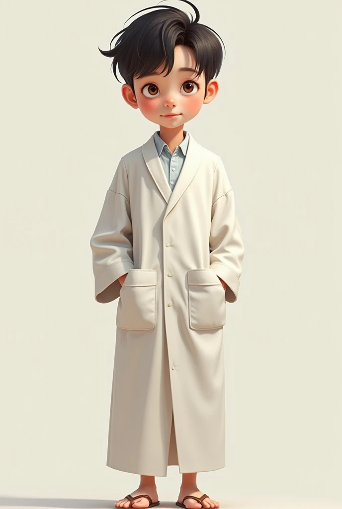 2D photo of the chill boy wearing a wide-sleeved white school gown with both hands in his pockets 