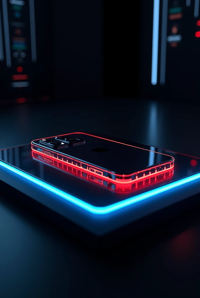 Technology lines in a black room and a black glass table with blue and red technological lines and on the table a glass iPhone with 16 beautiful LED edges