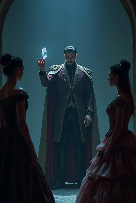 The prince looking at the stepsisters with a piercing gaze, holding the glass slipper as if in disbelief, with the background lit in cold, dim light.
