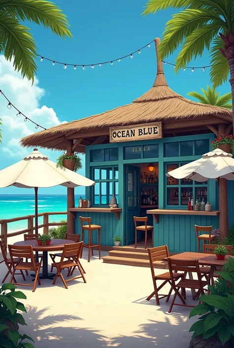 A vibrant beach bar and restaurant located just steps away from a serene ocean. The structure is painted in shades of ocean blue, with large windows that provide a stunning view of the sandy beach and crystal-clear water. Wooden deck chairs and tables are ...