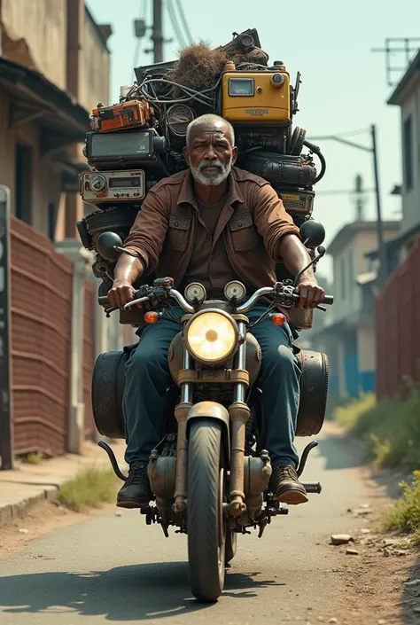 A black man carrying junk on top of a finished motorcycle