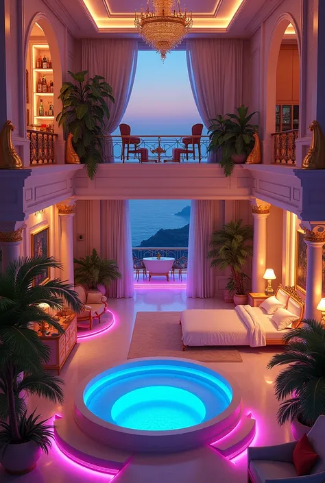  huge luxury hotel room with gold and 、 colorful light motifs、Large Jacuzzi、 neon bath 、 veranda with shining lights 、 Its an atrium 、 lots of groceries and 、Daily necessities 、 second floor with drinks 、Big bet、 interior with lots of furniture unmanned 