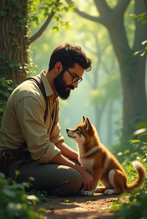  man with glasses and short beard and a baby wolf