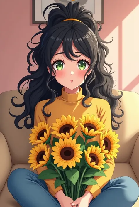  selfie of a girl with curly black hair tied in a high ponytail,  pale green eyes , pale skin, curled eyelashes ,  wearing a high-neck blouse in yellow ,  denim jeans and pink lips , with a bouquet of 9 sunflowers ,  sitting on a large beige sofa ,  with a...