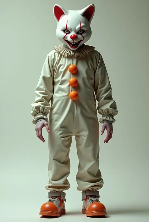  Realistic tabby man based on a horror clown,  wearing a latex uniform around the body , wearing boots with colored balls on the tip , standing,  light background of the image 