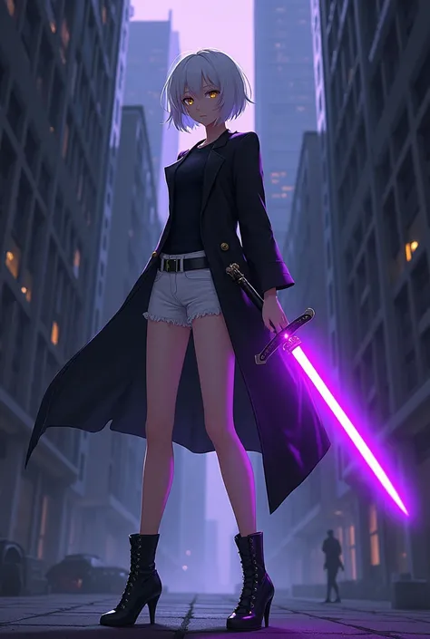 anime female character, short white hair, yellow eyes, fair skin, serious expression, 1.80m tall, black coat, black t-shirt, white shorts, black high heels, holding a purple sword with a purple aura, background of a city in deep darkness --v 5 --style anim...