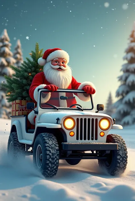 Create a Santa Claus driving a white jeep with a Christmas tree on the roof