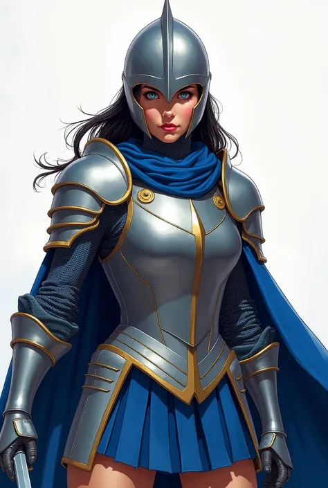  illustrate a  Female warrior,  She stands readying for battle. She wears a steel knights helmet with a graceful design that covers her entire head, covers  her eyes and nose but leaves her mouth and jaw exposed, showing her delicate red lips. The helmet c...