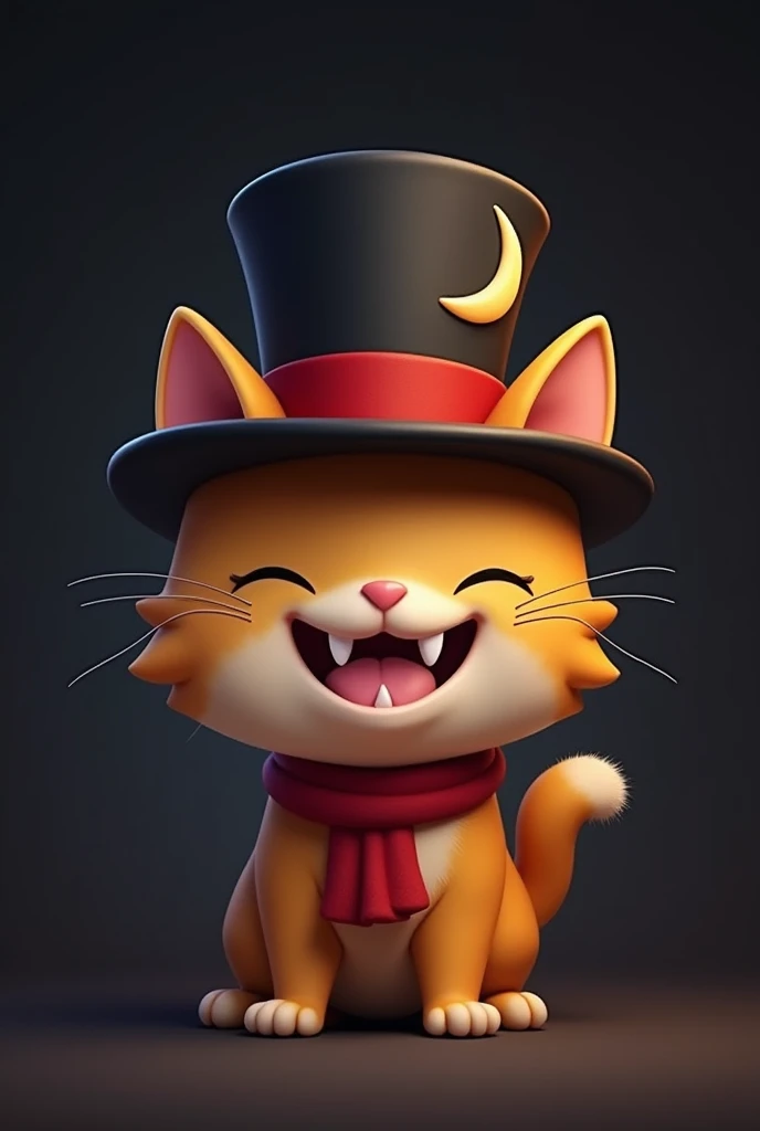 "Create an image of a cute cat character with a mischievous smile, showing its teeth, wearing a black top hat with a red band. The top hat features a crescent moon symbol, subtly placed on the left side of the hat, partially hidden as if peeking from behin...